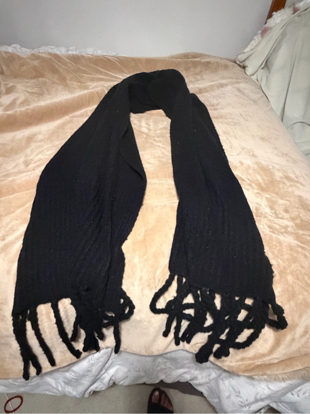 Free People Black Ribbed Fringe Knit Scarf One Size